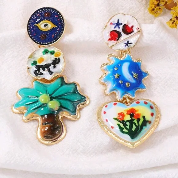 Unique Asymmetrical Colorful Enamel Dangle Drop Earrings New! - Picture 2 of 4